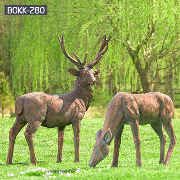 A pair of stag and deer metal bronze statues for outdoor lawn decor