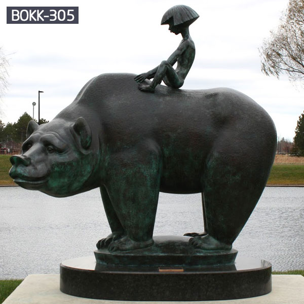 Giant bronze bear and little girl outdoor garden lawn ornaments for sale